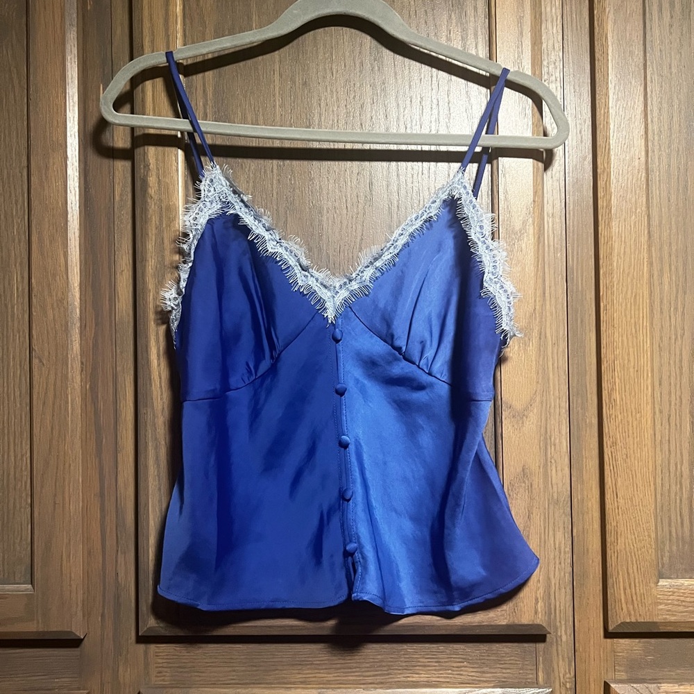Steve Madden Blue Satin Top with Lace Trim